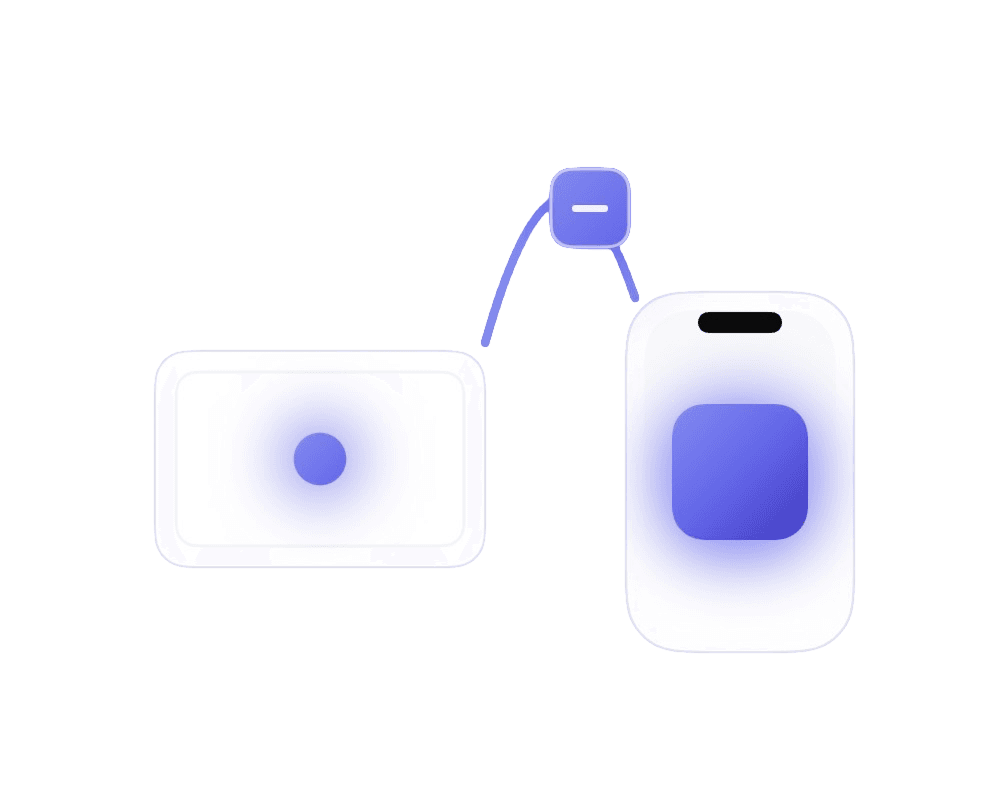 A Mac and an iPhone connected by an indigo arc, representing remote coding between devices